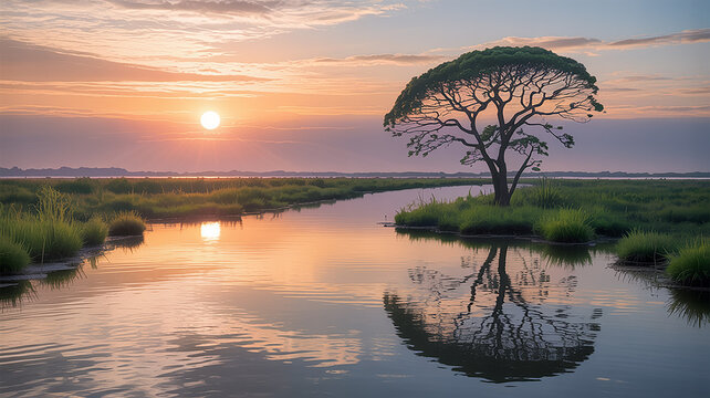 Serene Sunset Over Waterway with Solitary Tree and Reflections