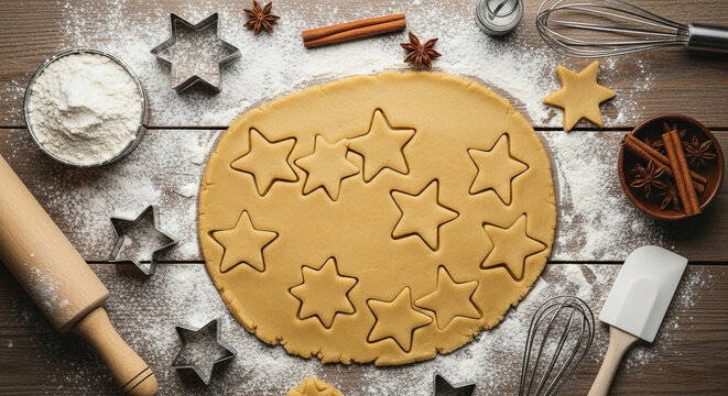 Raw cookie dough with star shapes cut out, surrounded by baking tools, flour, and spices on a wooden table. - Powered by Adobe