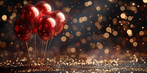 Elegant panoramic celebration background with shiny red balloons and gold bokeh lights