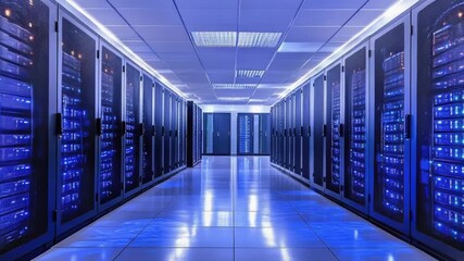 Video Row of servers in a modern server room, metal racks with computer equipment and wires