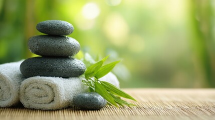 A tranquil spa scene features smooth dark stones stacked on soft white towels. Fresh green leaves enhance the calming atmosphere providing a peaceful escape in nature.
