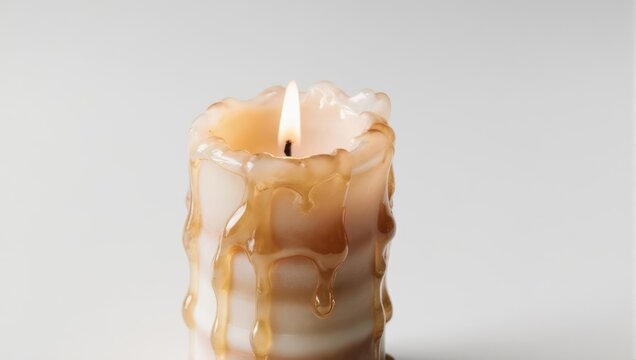 Burning candle with dripping wax on a white background.