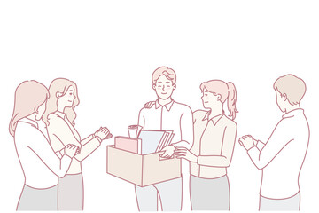 Happy employee welcome newcomer at workplace. Smiling businesspeople meet newbie in office. Employment and recruitment. Vector illustration.