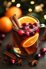 Mulled wine, using cinnamon, oranges, and cranberries in hot water with cinnamon sticks.