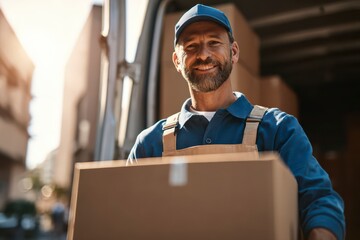 Delivery Man and Parcel: A professional delivery person wearing cap carries a parcel, radiating efficiency and commitment to service, standing against the backdrop of a delivery van.