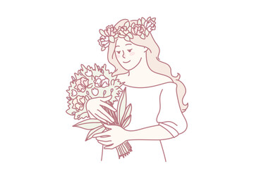 Happy woman with flower wreath on head holding beautiful bouquet. Smiling girl enjoy summer flowers in hands. Good mental health. Vector illustration.