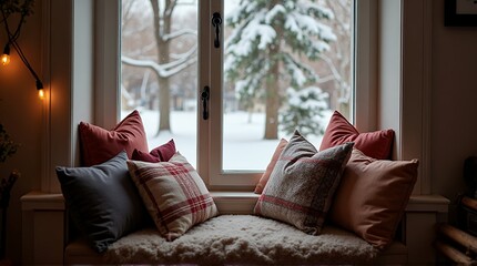 Cozy winter window seat with pillows and snowy view evokes warmth and comfort, perfect for lifestyle and seasonal campaigns, bring hygge home