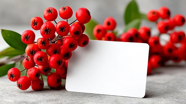 A white card with a red border sits on top of a bunch of red berries. The card is blank, but it could be used to write a message or a note. Concept of simplicity and natural beauty
