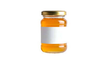 Honey in glass jar with blank white label against black background