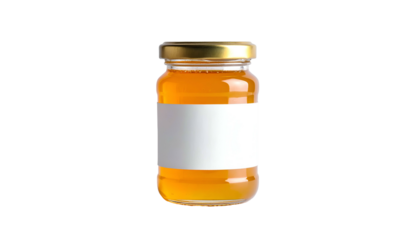 Honey in glass jar with blank white label against black background