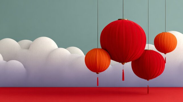 A blue background with clouds and red lanterns hanging from the ceiling. The lanterns are red and orange and are suspended from the ceiling