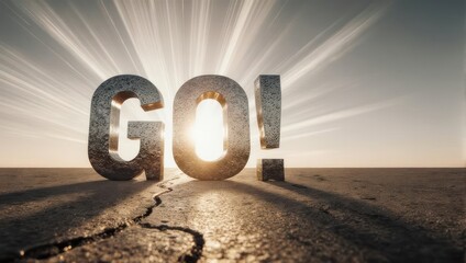 Go word on cracked road with bright sunburst, symbolizing new beginnings and motivation.