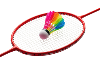 A vibrant red professional badminton racket with taut white strings and a rainbow shuttlecock, isolated on a flawless white studio background, creating copy space. concept of active recreation and