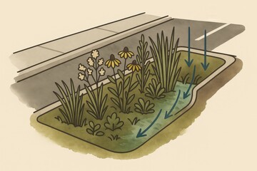 Urban rain garden design showcasing native flora, optimized for stormwater management, promoting biodiversity, fostering ecological resilience, and enhancing residential landscapes