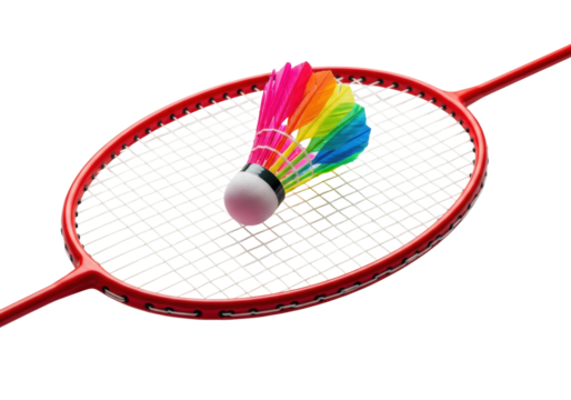 A vibrant red professional badminton racket with taut white strings and a rainbow shuttlecock, isolated on a flawless white studio background, creating copy space. concept of active recreation and