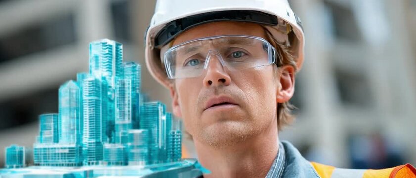 Construction Visionary: A focused construction worker wearing safety gear contemplates a detailed blueprint, symbolizing the precision and vision required to build modern infrastructure.