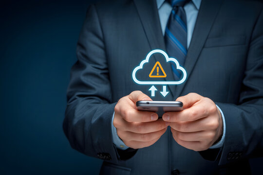 Cloud data security alert on mobile device held by businessman