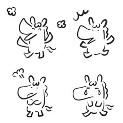 色々な感情と表情の馬キャラクターの手描きモノクロセット　墨絵・笑う・怒る・驚く・泣く