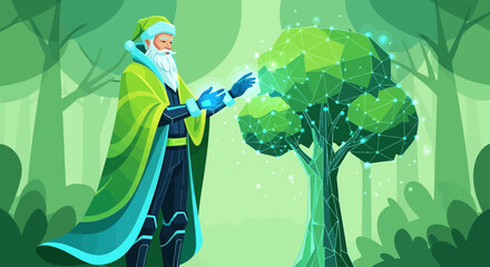 Futuristic nature guardian interacting with a digital tree in an enchanting forest landscape