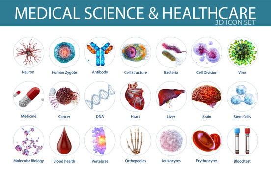 Set of 21 realistic 3D CGI medical icons isolated, transparent background. Collection with DNA, human organs, virus, blood cells, pill. Healthcare, medicine science, microbiology, pharma design bundle