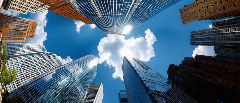 Skyscrapers Rising: A dramatic view of towering skyscrapers against a bright blue sky, their modern architecture reaching towards the heavens, creating a sense of awe and urban grandeur.