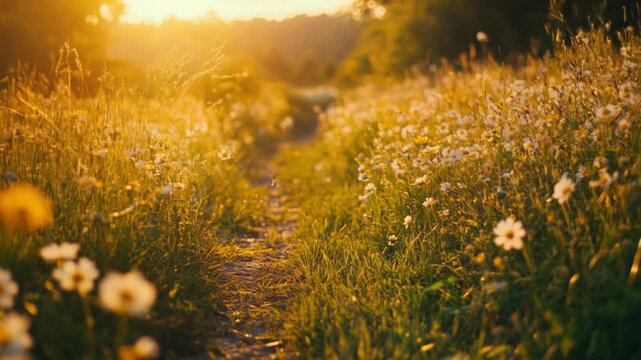 Video A scenic path surrounded by vibrant wildflowers against the warm sunset sky