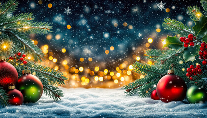 Weihnachten Hintergrund mit Tannenzweigen, roten Kugeln, Stechpalme und Lichtern im Schnee – festliches Winterbanner mit Bokeh und Kopierraum