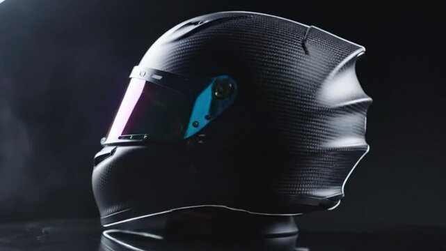 A captivating close-up studio shot showcases a high-performance helmet crafted from advanced carbon fiber material, elegantly positioned against a dark, moody background. Atmospheric wisps of smoke ri