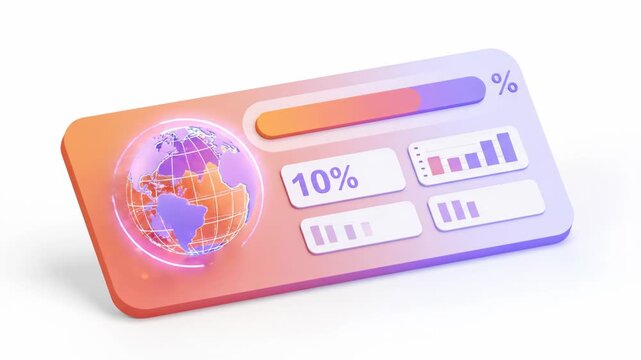 3d glowing holographic earth globe interface element with progress bar and data field on a gradient panel isolated on white background