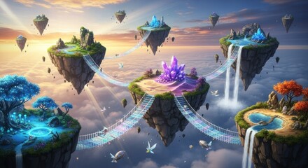 A breathtaking panoramic fantasy landscape of magical floating islands, adorned with glowing crystals, vibrant trees, majestic waterfalls, and iridescent bridges, soaring above a serene cloudscape at