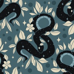 Cotton fabric Celestial snake seamless pattern with starry night sky foliage moon phases and mystical occult forest aesthetic ideal for magical fabrics and wallpaper