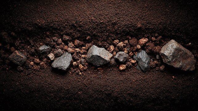 Dark rocks stand out against the rich soil, textures create an interesting contrast between the coarse earth and the smooth stones, the earth tones evoke a sense of grounding and stability.
