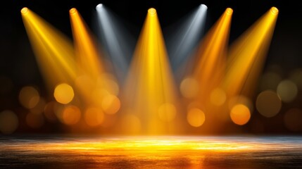 A stage with five lights shining on it. The lights are yellow and orange. The stage is empty