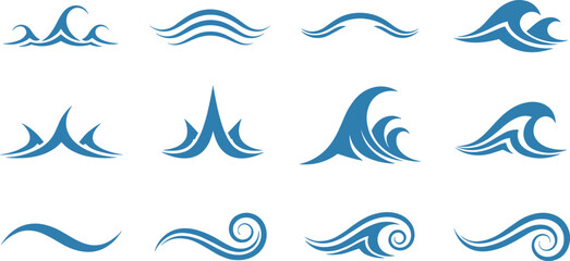 Ocean wave icon set, stylized blue waves, abstract water symbols, surfing graphics, sea crest design, aquatic theme elements