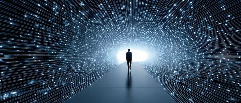 Navigating Digital Horizons: A solitary figure ventures into a tunnel, surrounded by a luminous network, representing the ever-evolving world of technology and digital advancement.