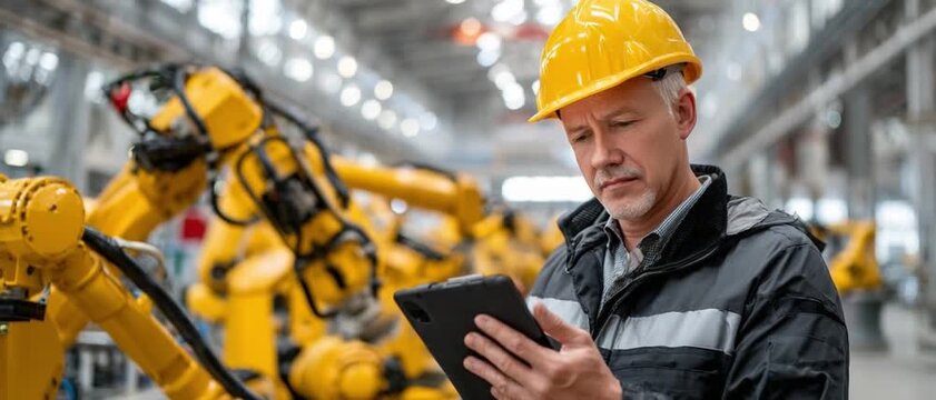 Engineer's Insight: A skilled engineer, helmeted, deeply focused on a tablet within a high-tech robotic assembly plant. Highlighting technology and precision.