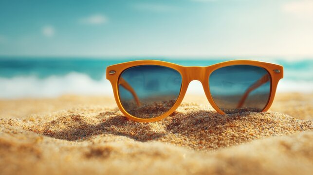 Yellow sunglasses sit on a warm sandy beach as turquoise ocean waves gently roll in under a clear blue sky creating a peaceful and relaxing summer scene. - Powered by Adobe
