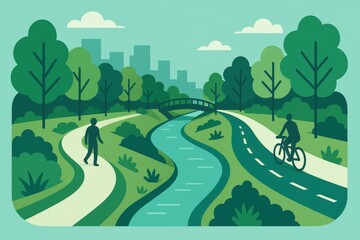 Serene urban park landscape with winding paths for pedestrians and cyclists under a clear sky reflecting a sustainable lifestyle and environmental wellness
