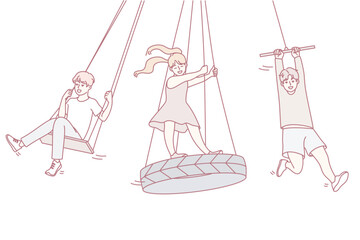 youngsters having fun outdoors, kids laughing and swinging on tires during sunny park day, group of children experiencing energetic play and happiness outdoors on vibrant summer day