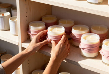 Hands arranging handmade candles on a wooden shelf. Small business owner organizing products in a workshop