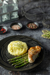 Grilled chicken fillet with asparagus and mashed potatoes