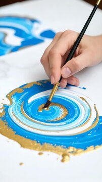 Artist's hand painting swirling pattern of blue, white and gold paint with fine brush on white paper, creating abstract art piece