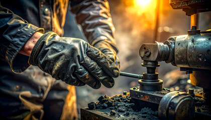 Gloved hands shaping metal with vintage machine in a fiery workshop, a scene of craftsmanship and industrial artistry, perfect for manufacturing visuals