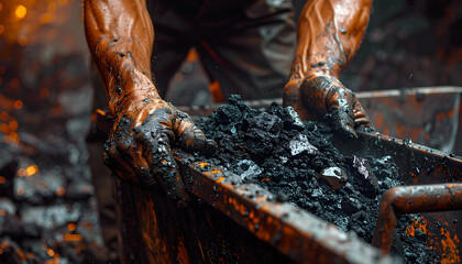 Intense labor scene showing rugged hands and raw coal, evoking grit and resilience for industrial or energy themes. Perfect for powerful visual stories