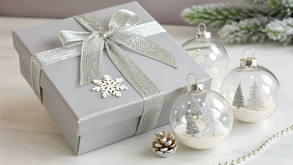 Dove Grey Box wrapped with a silver mesh ribbon and glass snow-globe ornaments.