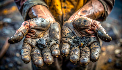 Hardworking miner holding raw coal in rough hands, a symbol of determination, strength, and the energy industry's foundation, evoking grit and resilience