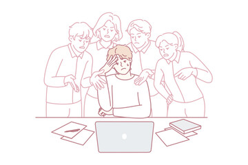 Team gathered around laptop celebrating success, energetic office scene with smiling colleagues, open notebooks and documents on desk, hands pointing and clapping at screen, startup