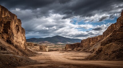 Fototapeta premium A captivating canyon landscape is painted with earthy tones, the rocky walls rising high under a dramatic sky with hills in the background, creating a sense of exploration.