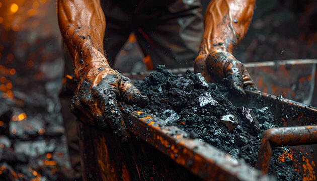 Intense labor scene showing rugged hands and raw coal, evoking grit and resilience for industrial or energy themes. Perfect for powerful visual stories