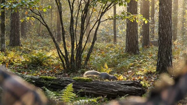 A charming squirrel scurries gracefully across a moss-covered fallen log in a sun-dappled autumnal forest. Golden light filters through the canopy, illuminating the vibrant green ferns and scattered l